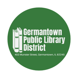 Dark green circle with clipart of two books standing up and white text that reads "Germantown Public Library District. 403 Munster Street, Germantown, Illinois 62245."